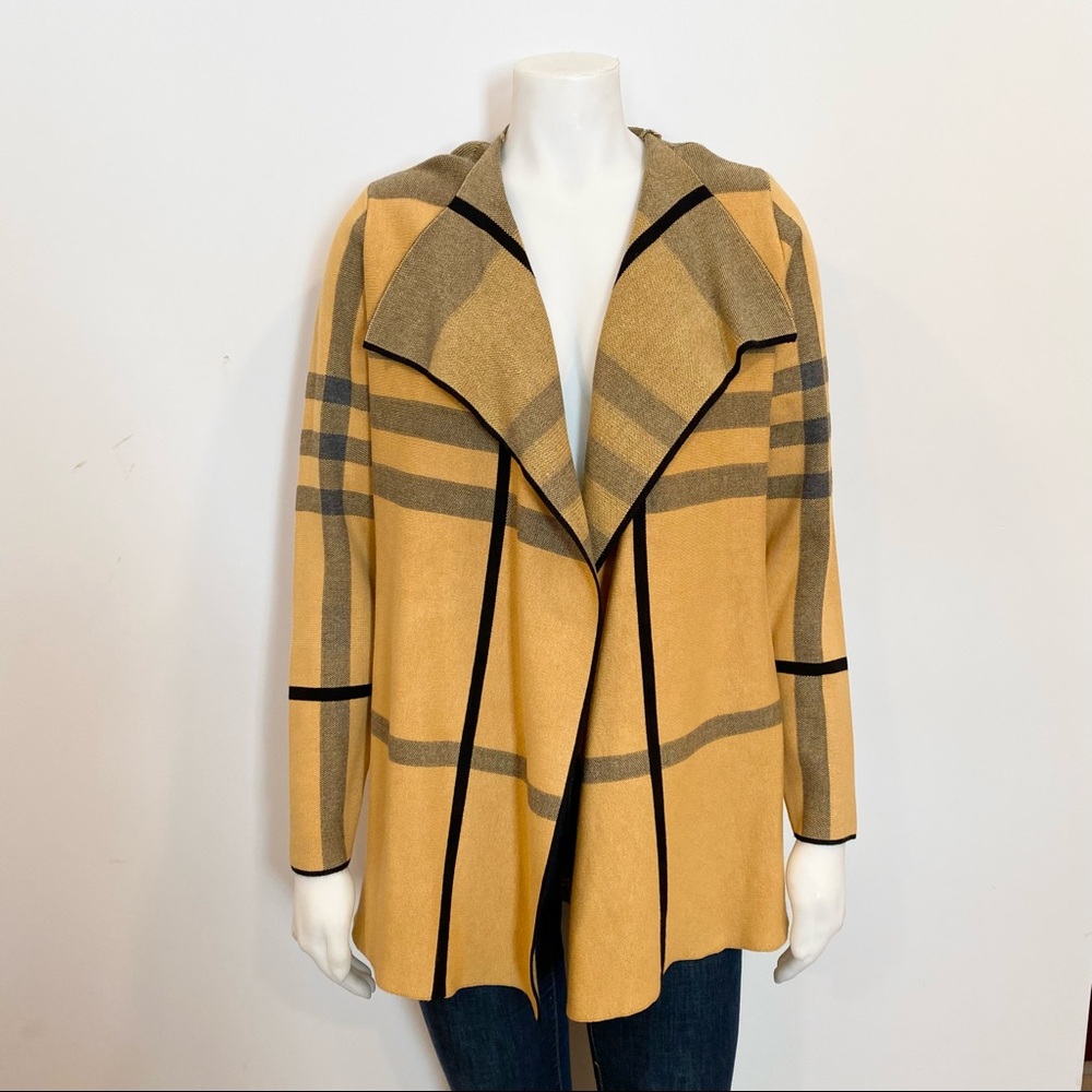 Mustard yellow plaid shawl collar cardigan, size L/XL